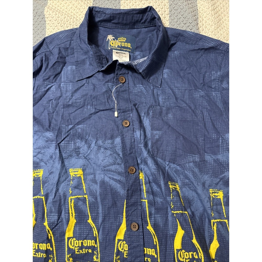 Corona Extra Beer Bottles Shirt Men M Blue Gold Aloha‎ Vacay Palm Tree Button Up